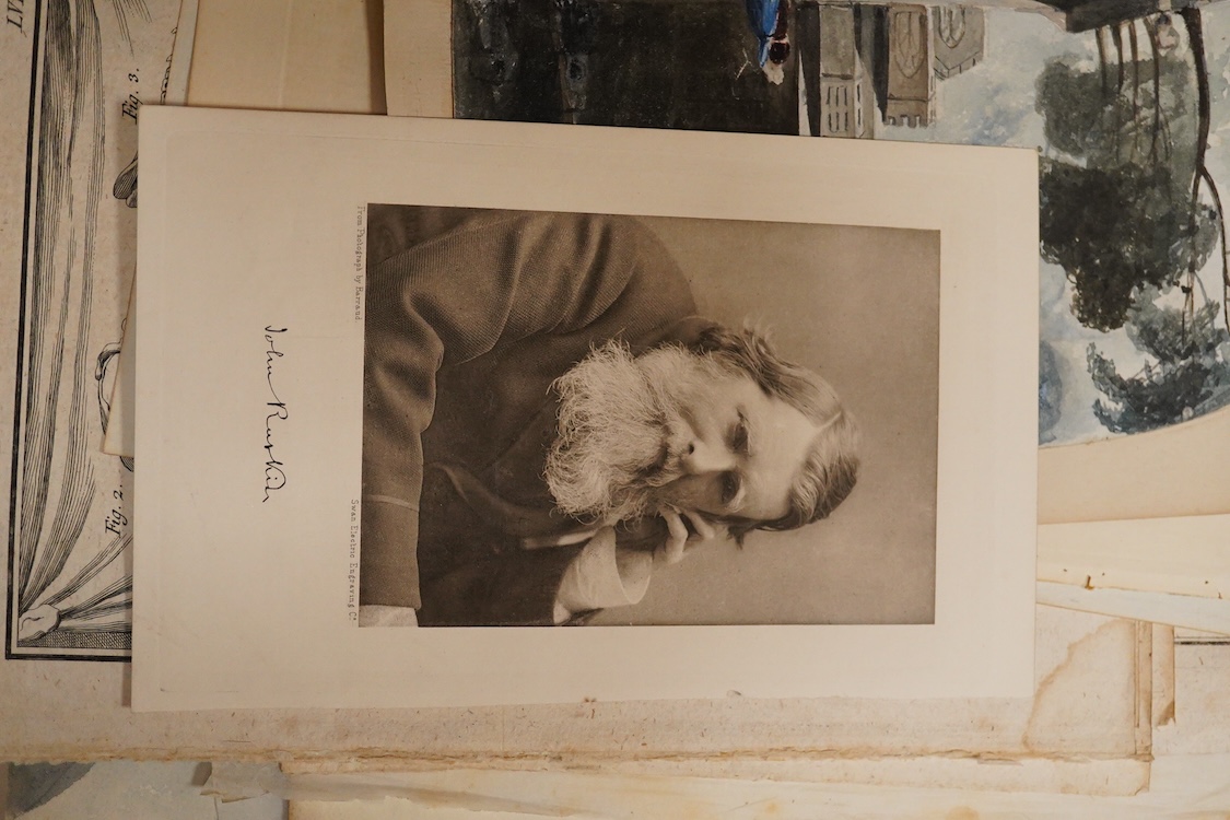 A group of hand coloured engravings, to include a heraldic example, trade advertisement labels and pen and ink and watercolour sketches, 18th/19th century